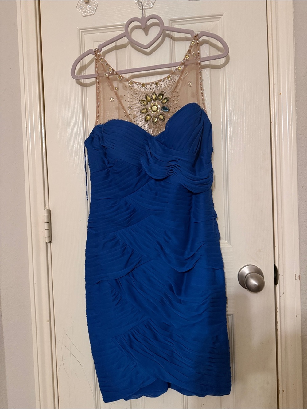 Illusion Yoke Royal Blue Cocktail Dress with Embellished Neckline
